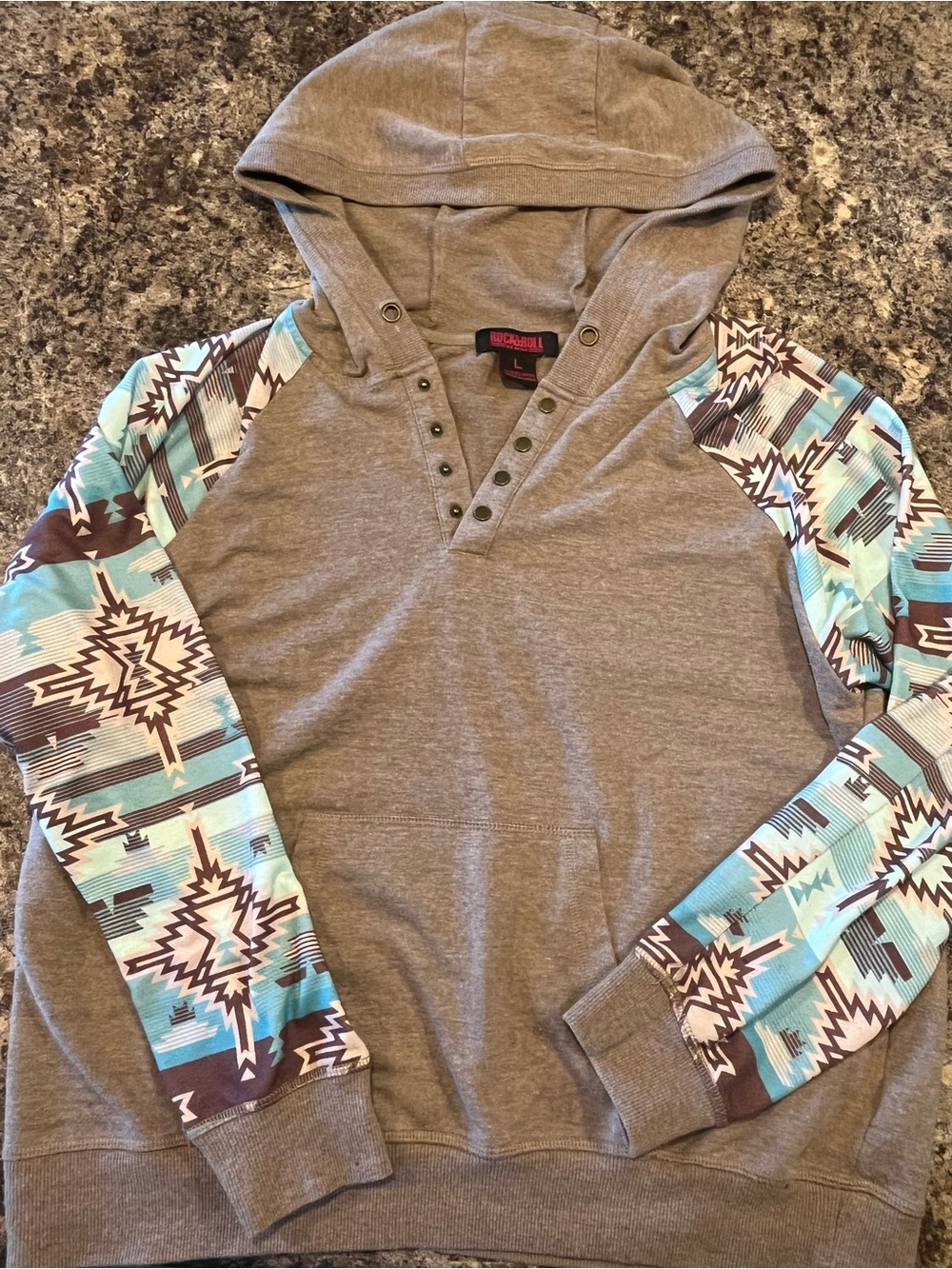 Rock & Roll Cowgirl Vneck snap Hooded Pullover Aztec Turquoise Sleeves large
